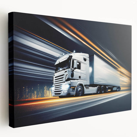 Side view of colorful trucks in a row on a large stretched canvas, suitable for kitchen wall art.