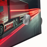 Large abstract wall art of colorful trucks in mid-century modernist style on acrylic glass, ideal for dining room ambiance.