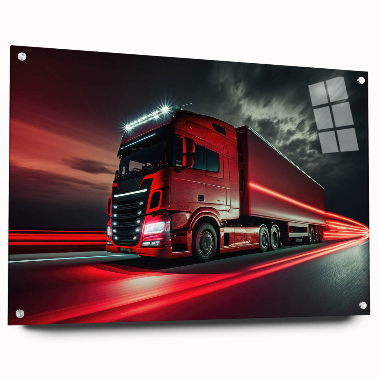 Acrylic print of a side-view of assorted colorful trucks, ideal for bedroom or dining room decor.