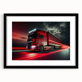Abstract art print of colorful, textured trucks on a black-framed, extra large canvas, ideal for living room decor.