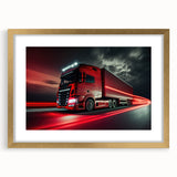 Extra large abstract art print of colorful, textured trucks on a gold-framed canvas, ideal for living room decor.