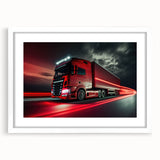 Abstract art print of colorful trucks on a white framed canvas, ideal for dining room decor.