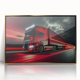 Mid-century modernist art of colorful trucks on a gold acrylic framed print, suitable for nursery wall decor.