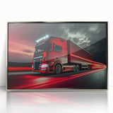 Mid-century modernist art of colorful trucks on silver-framed acrylic, suited for nursery wall art.