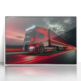 Art deco poster of colorful trucks in a patterned design, printed on white acrylic, suitable for nursery wall art.