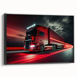 Black and white framed canvas featuring a vintage poster of trucks in a side view, ideal for bedroom wall decor.