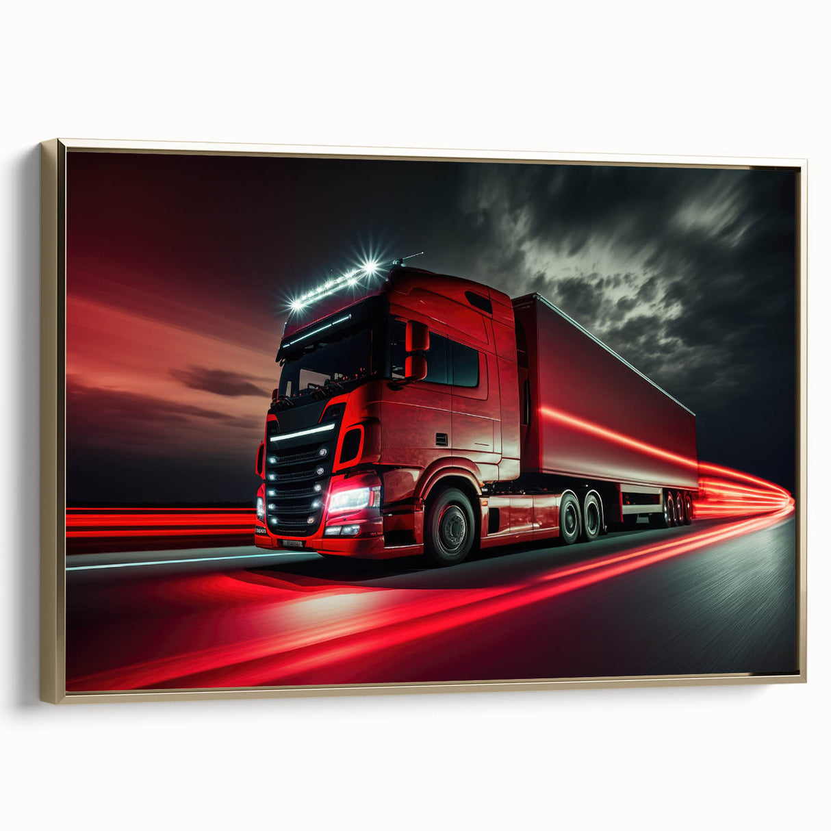 Vintage poster art of trucks in landscape, framed canvas in gold, ideal for bedroom wall decor.