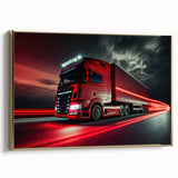 Vintage poster art of trucks in landscape, framed canvas in gold, ideal for bedroom wall decor.