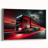 Framed canvas featuring a vintage poster of colorful trucks in a row on a black background, suitable for a themed game room.