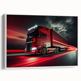 Vintage poster art of colorful trucks on a black background, framed canvas, ideal for living room decor.