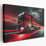 Side view of assorted colorful trucks on a white background, printed on stretched canvas, suitable for kitchen wall art.