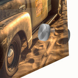 Mid-century modernist art featuring abstract trucks in muted earth tones on large acrylic glass, ideal for dining room art.