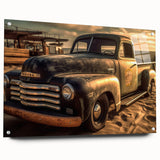 Side view of trucks in a large abstract wall art on acrylic glass, showcasing muted earth tones, ideal for dining room decor.