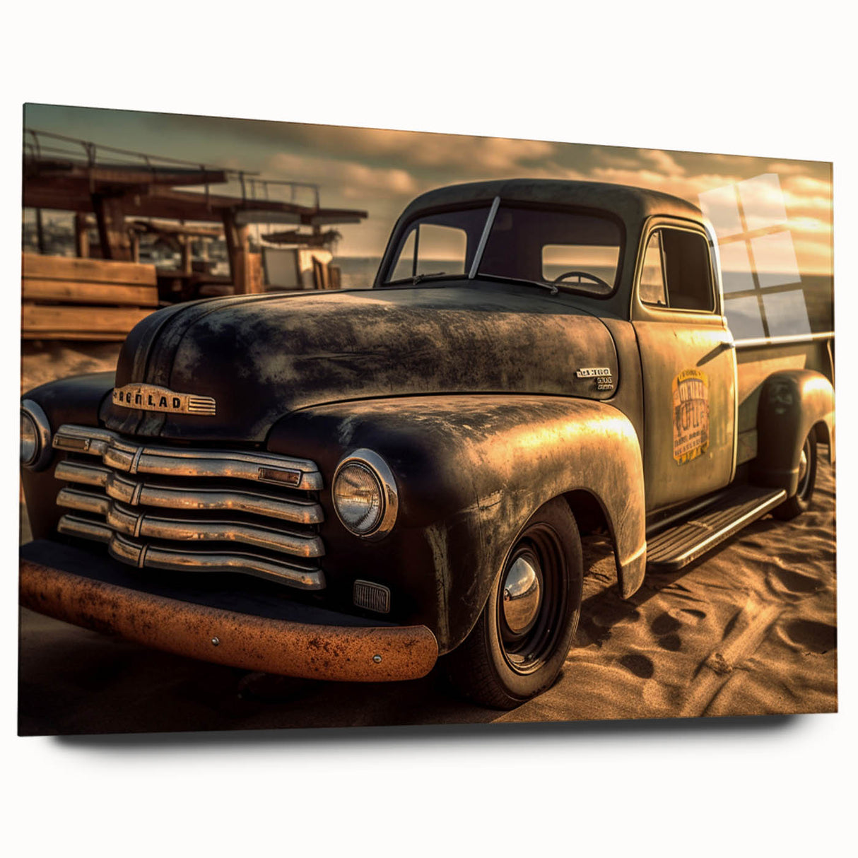 Side view of trucks in muted colors on acrylic glass, suitable as large abstract bedroom or dining room art.