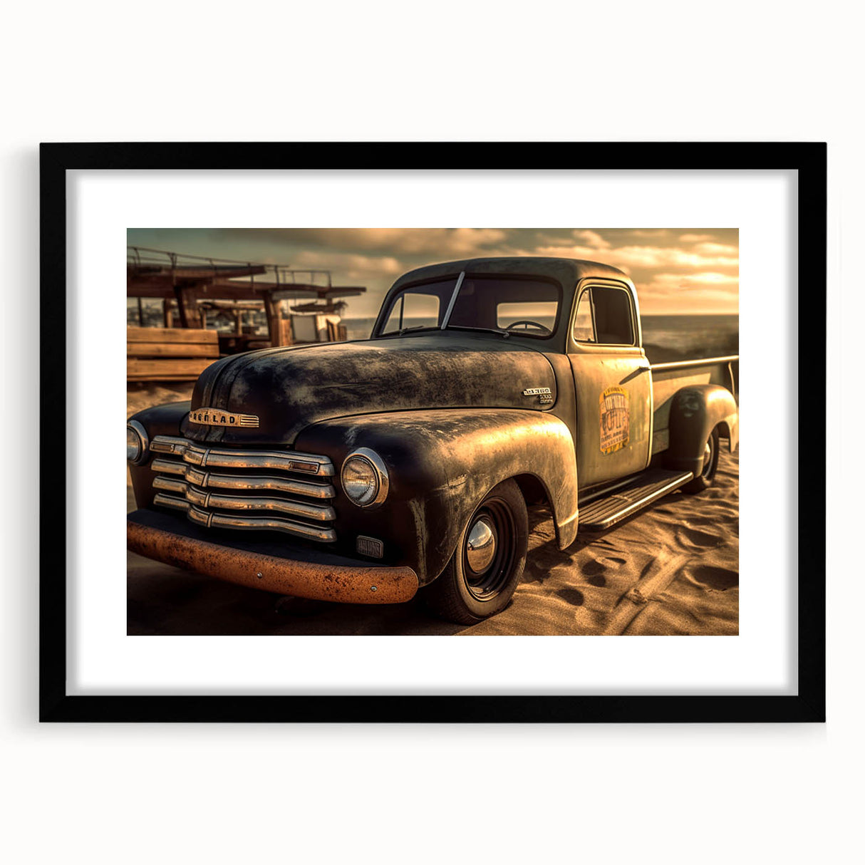 Abstract art print of colorful trucks on a textured canvas, framed in black, suited for extra large living room wall art.