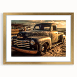 Extra large abstract art print of textured trucks in muted earth tones on a framed canvas, ideal for living room decor.