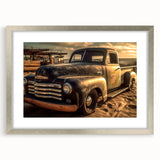 Abstract art print of textured trucks in muted earth tones on a framed canvas, suitable for bedroom decor.