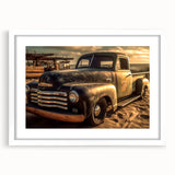 Abstract art print of colorful trucks in a grid layout, framed with a white mat, ideal for bedroom or dining room decor.