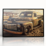 Large abstract wall art featuring colorful trucks in mid-century modernist style on a black acrylic framed print.