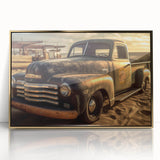 Mid-century modernist art of colorful trucks on a gold-framed acrylic print, ideal for nursery wall art.