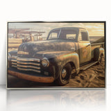 Mid-century modernist art featuring a series of stylized trucks in muted colors, acrylic print in a silver frame.