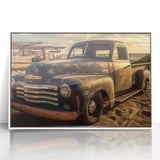 Art deco style poster of colorful trucks in a row, printed on white acrylic, perfect for nursery wall decor.