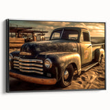 Framed canvas featuring a side view of vintage trucks in black and white, ideal for bedroom wall decor.