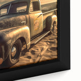 Black wall art featuring a close-up of colorful, textured trucks on a framed canvas, ideal for extra large living room decor.