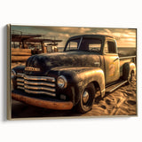Side view of vintage trucks in black and gold on a framed canvas, suitable for bedroom wall art.