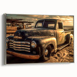 Vintage poster art of colorful trucks in landscape format on a black background, framed canvas, ideal for office decor.