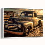 Vintage poster art featuring a collection of colorful trucks, printed on a framed canvas.