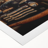 Art deco poster featuring a lineup of vintage trucks in muted earth tones on a rolled canvas, suitable for dining room decor.