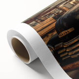 Art deco poster of colorful trucks on a rolled canvas, suitable for nursery wall art.