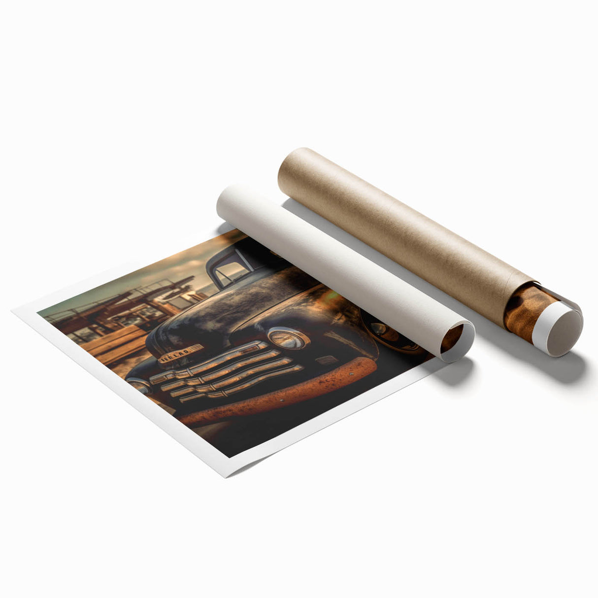 Extra large wall art featuring a collection of vintage trucks in muted earth tones on a rolled print.