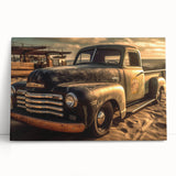 Black and white photo of vintage trucks on stretched canvas, suitable as large kitchen wall art.