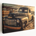 Side view of colorful trucks in a row on a large stretched canvas, suitable as kitchen wall art.