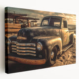 Side view of colorful trucks in a row on a large stretched canvas, suitable as kitchen wall art.