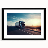 Extra large abstract art print featuring colorful, textured trucks on a black framed canvas, ideal for living room decor.