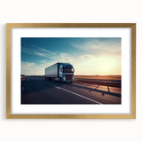 Extra large abstract art print of colorful trucks on a textured canvas, framed in gold, ideal for living room decor.