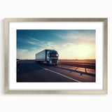 Textured art print of abstract trucks in muted earth tones on a silver-framed mat, ideal for bedroom wall decor.