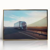 Mid-century modernist style large art print of colorful trucks, framed in gold acrylic, suitable for nursery wall decor.