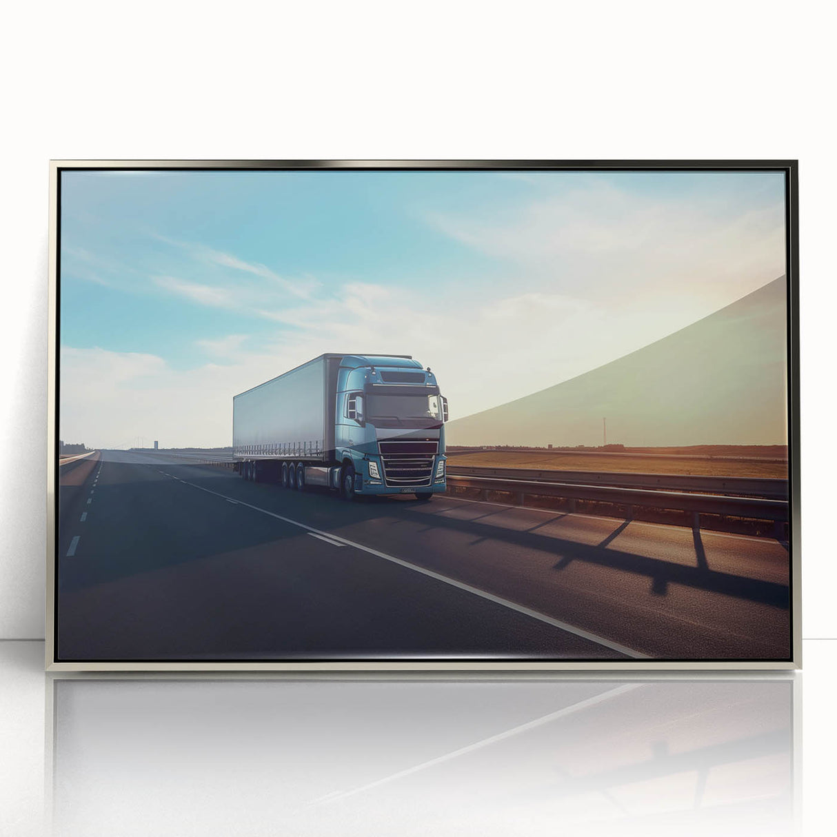 Mid-century modernist art of colorful trucks on silver-framed acrylic, ideal for nursery wall art.