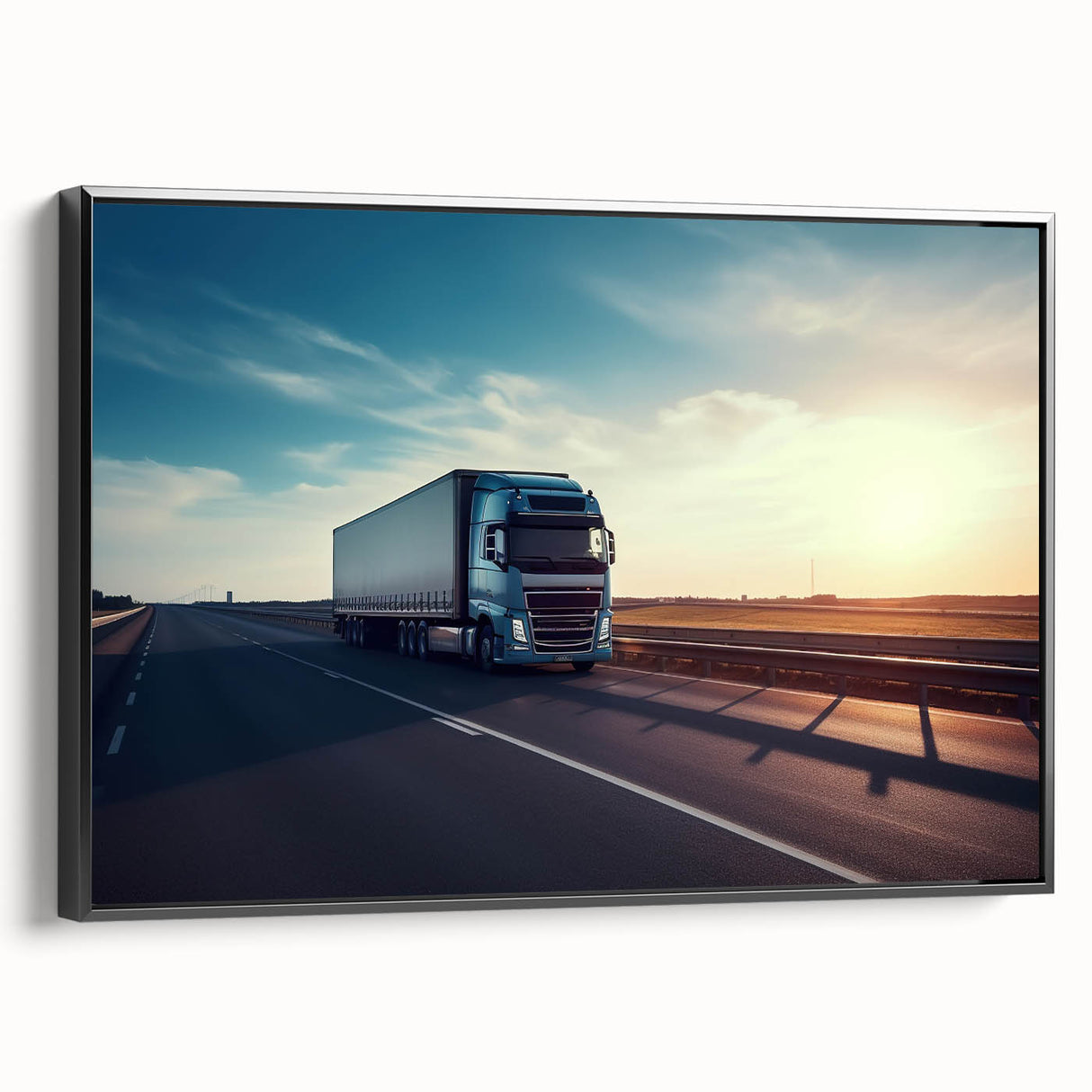 Black and white vintage poster art of trucks in a landscape, framed canvas, ideal for bedroom wall decor.