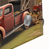 Large abstract wall art featuring mid-century modernist trucks in muted earth tones, acrylic print.