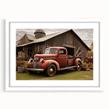 Abstract art print of colorful trucks in a minimalist style, framed in white, suitable for bedroom or dining room decor.