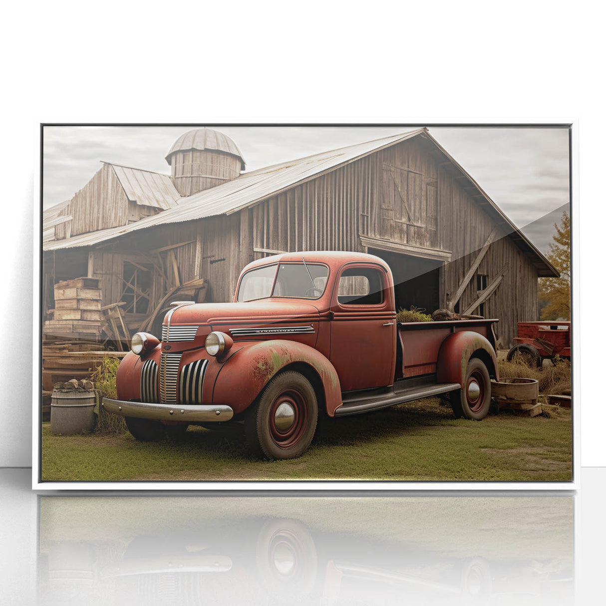 Art deco poster of colorful trucks in minimalist style, acrylic print framed in white, suitable for nursery wall art.