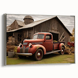Framed canvas depicting a vintage black truck in colorful landscape, ideal for a retro-themed living room.