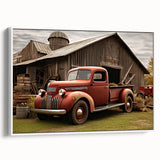 Framed canvas vintage poster art featuring a series of colorful trucks in a black background, ideal for living room decor.