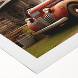 Art deco poster of vintage trucks in muted earth tones on rolled canvas, suitable for dining room decor.