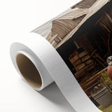 Art deco poster of colorful trucks in a row on rolled canvas, ideal for nursery wall art.